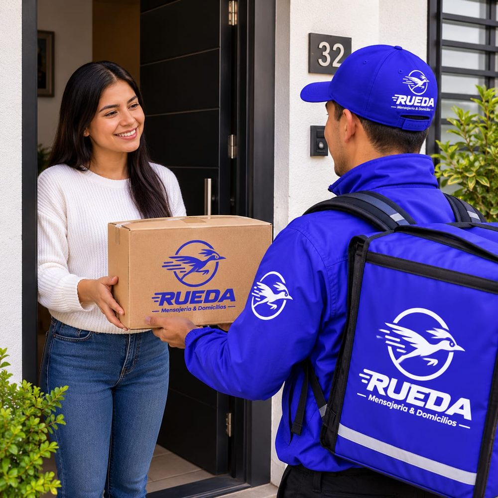 Una clienta recibe su paquete de un mensajero de Rueda en la puerta de su casa