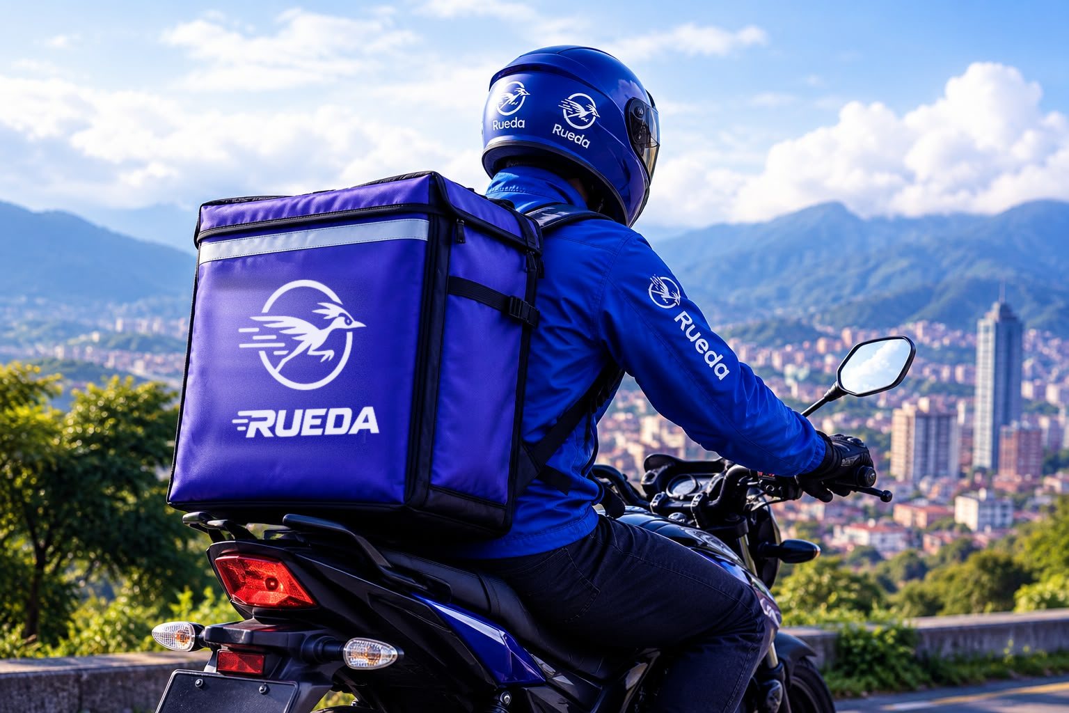 Mensajero de Rueda en su moto, con la caja de entregas con el logo de Rueda, frente a la ciudad